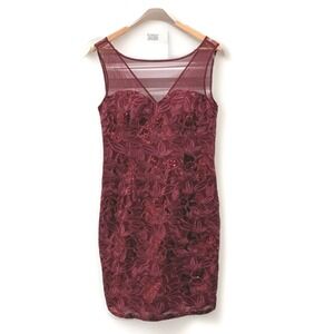 Romantic Glam Cocktail Dress JS Collections NWT 14 Burgundy Sequin Illusion Neck